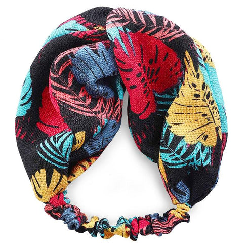 Bandeau cheveux noir motif feuilles tropicales modèle Sigrid